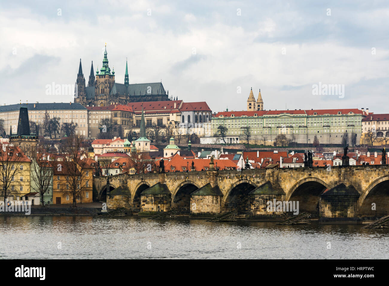 View of Charles Bridge, St. Vitus Cathedral, Prague Castle and Vltava River, UNESCO World Heritage Site, Prague, Czech Republic, Europe Stock Photo