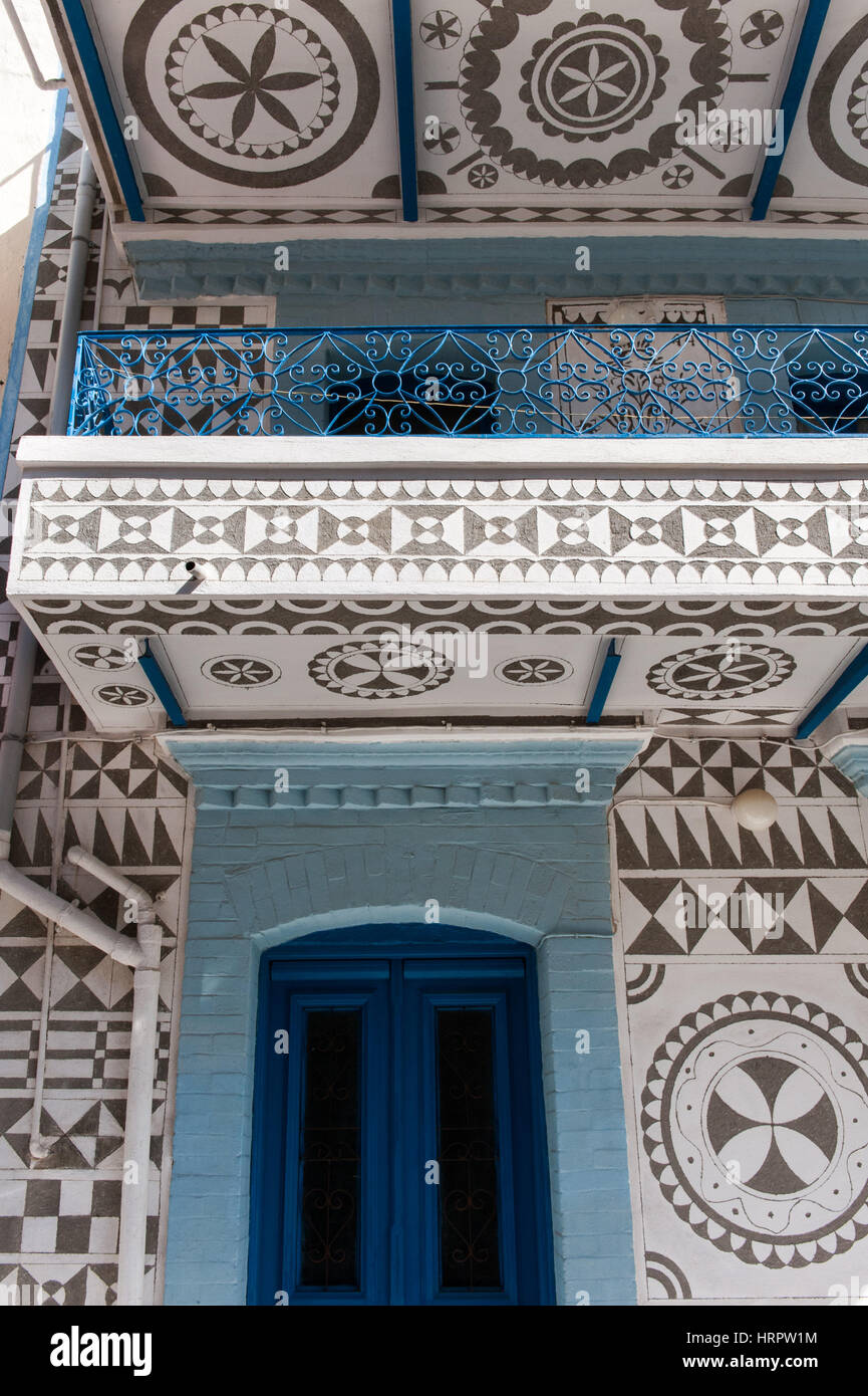 House covered with xysta (sgraffito) decorative motives in the village of Pyrgi, Mastichochoria of Chios.   Pyrgi in Chios is known as the 'painted vi Stock Photo