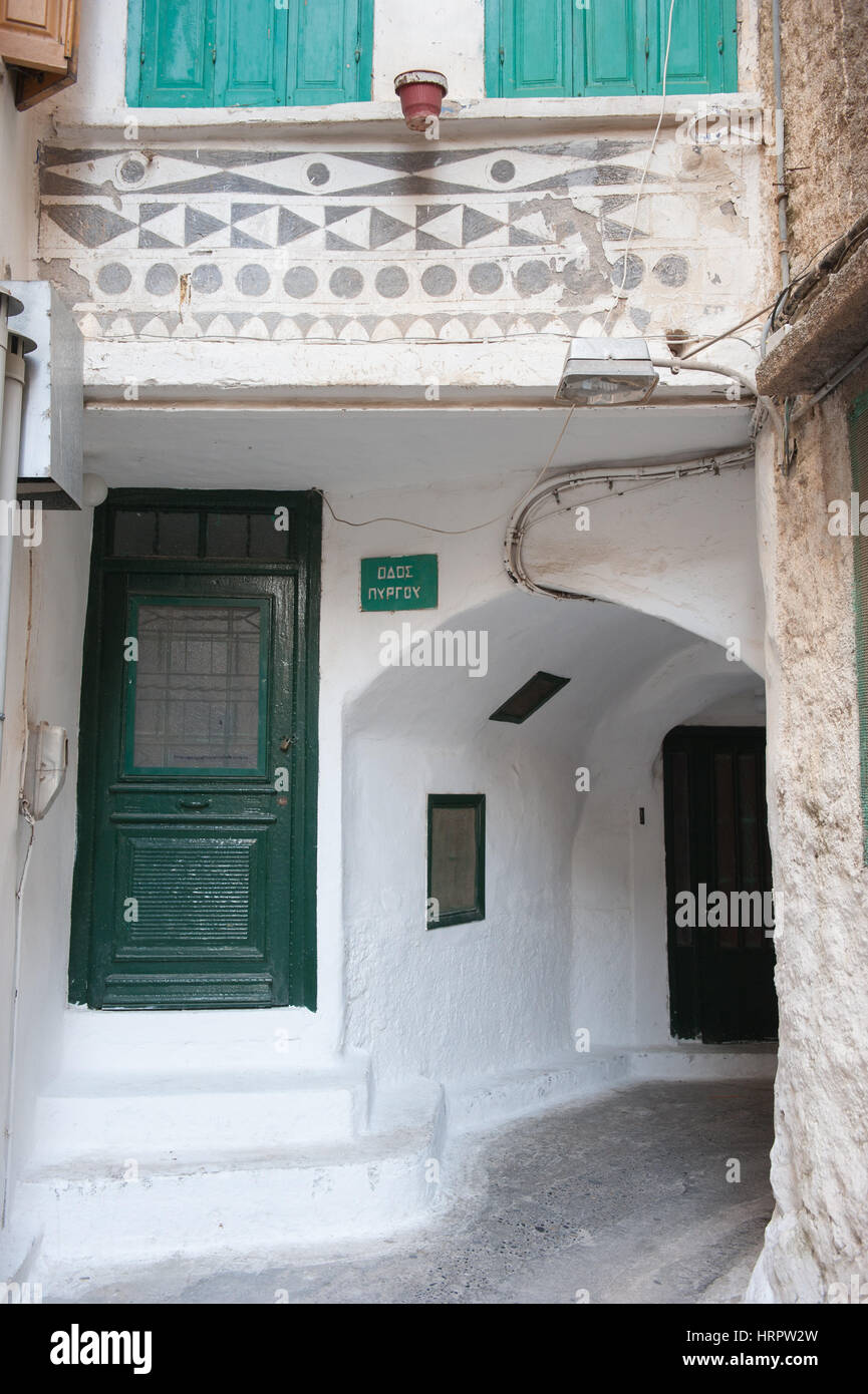 The streets of the medieval village of Pyrgi in Chios with houses covered with xysta (sgraffito) decorative motives.  Pyrgi in Chios is known as the ' Stock Photo