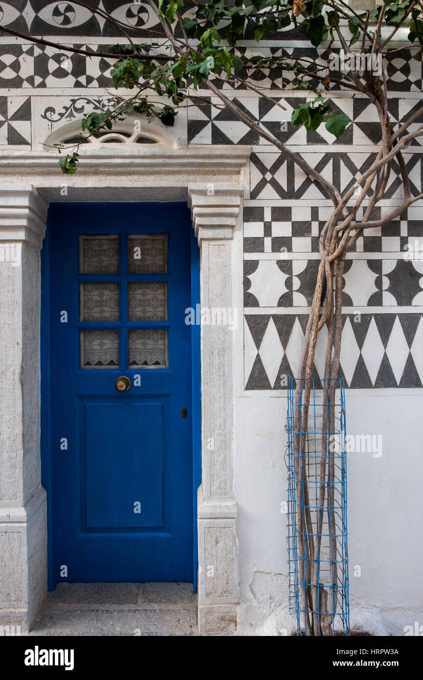 House covered with xysta (sgraffito) decorative motives in the village of Pyrgi, Mastichochoria of Chios.   Pyrgi in Chios is known as the 'painted vi Stock Photo