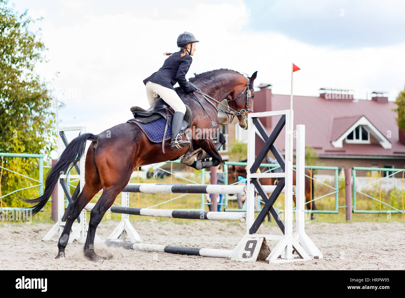 Young horseback sportswoman jumping over obstacles on show jumping