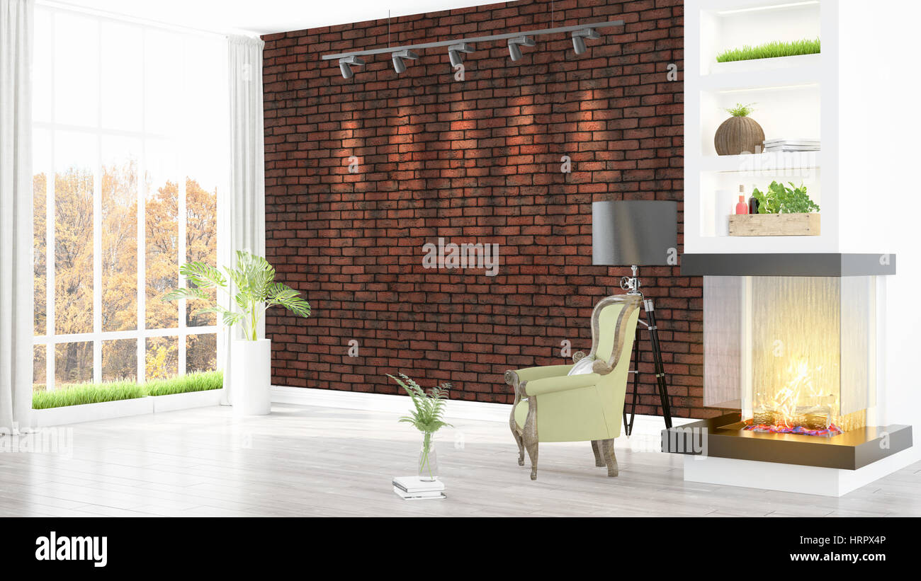 Beautiful modern living room interior with fireplace. 3D rendering ...