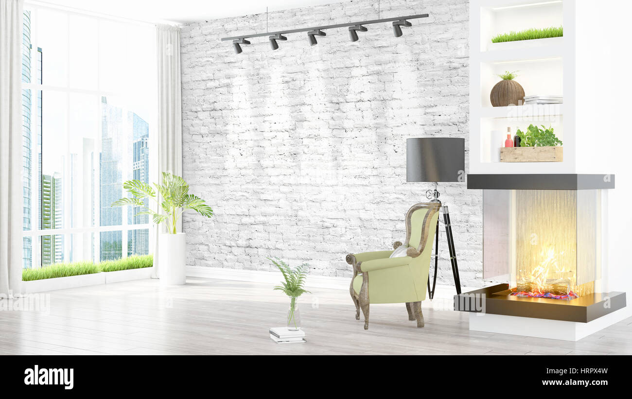 Beautiful modern living room interior with fireplace. 3D rendering ...