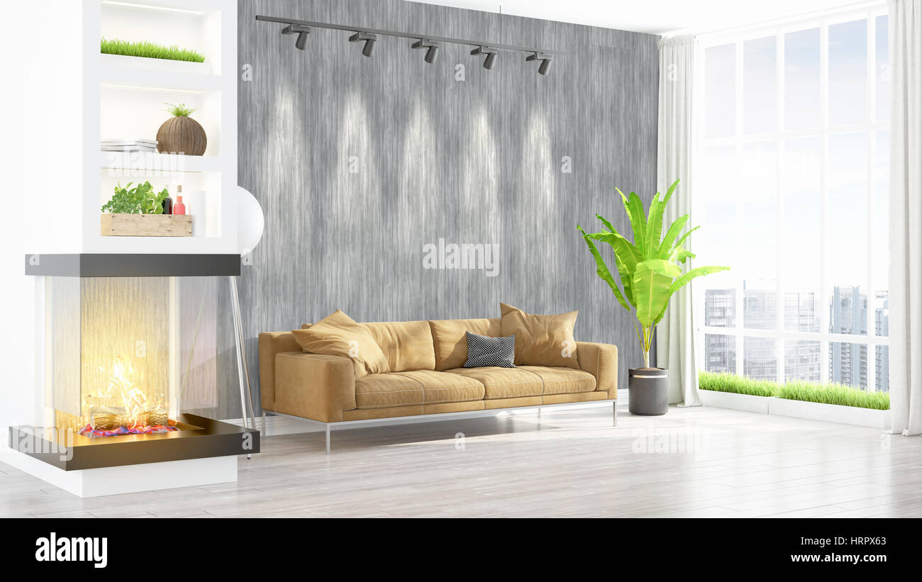Beautiful modern living room interior with fireplace. 3D rendering ...