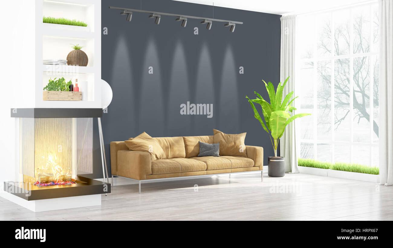 Beautiful modern living room interior with fireplace. 3D rendering ...
