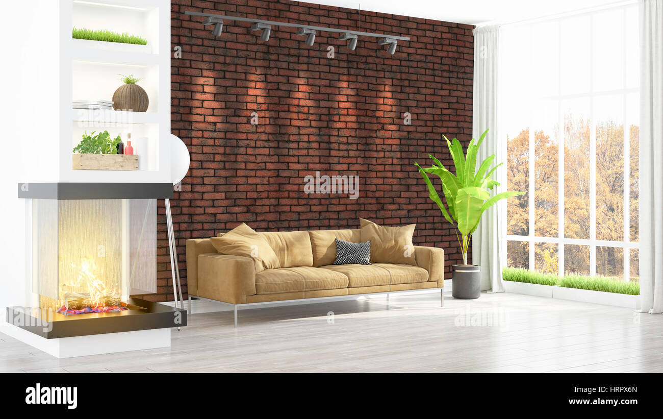 Beautiful modern living room interior with fireplace. 3D rendering ...