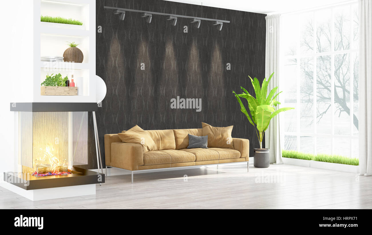 Beautiful modern living room interior with fireplace. 3D rendering ...