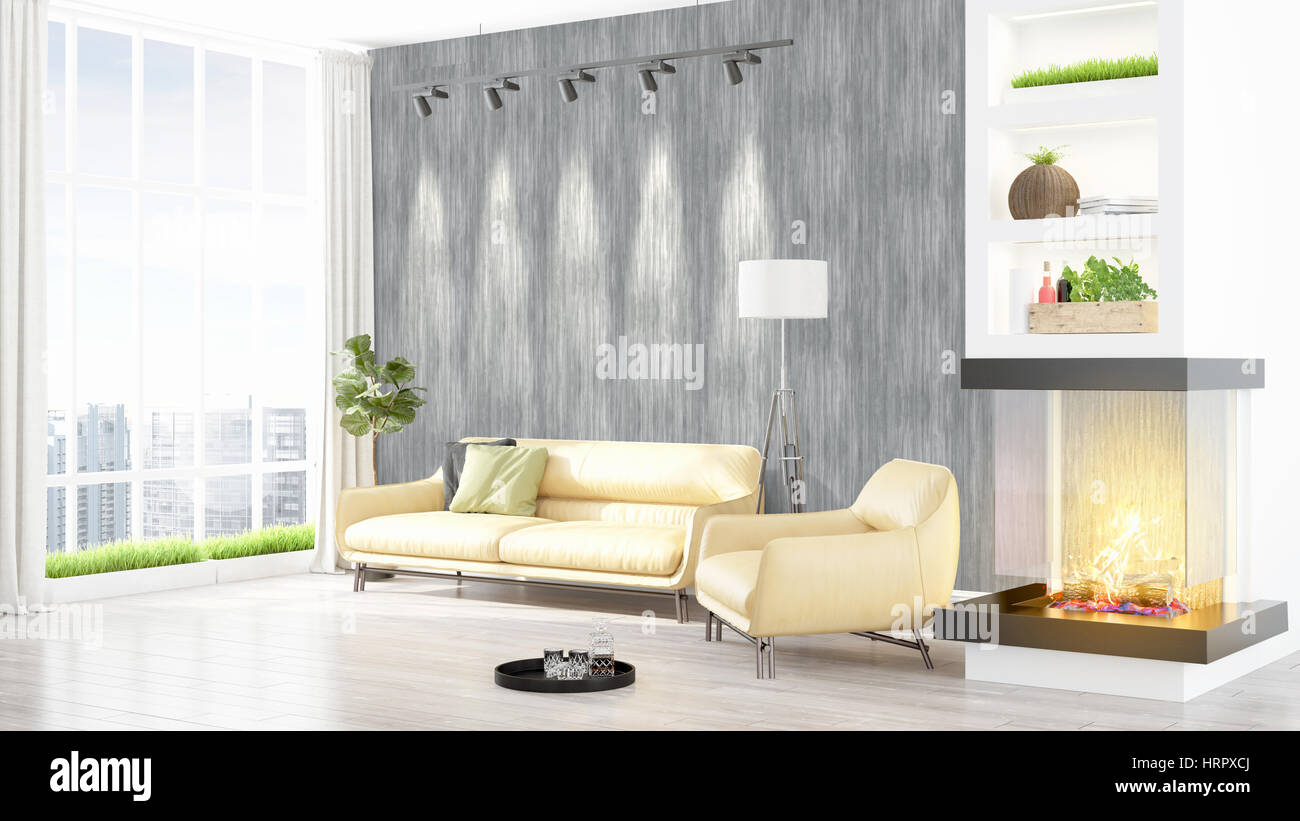Beautiful modern living room interior with fireplace. 3D rendering ...
