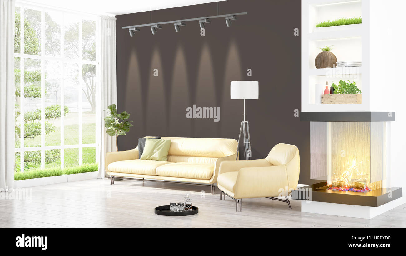 Beautiful modern living room interior with fireplace. 3D rendering ...