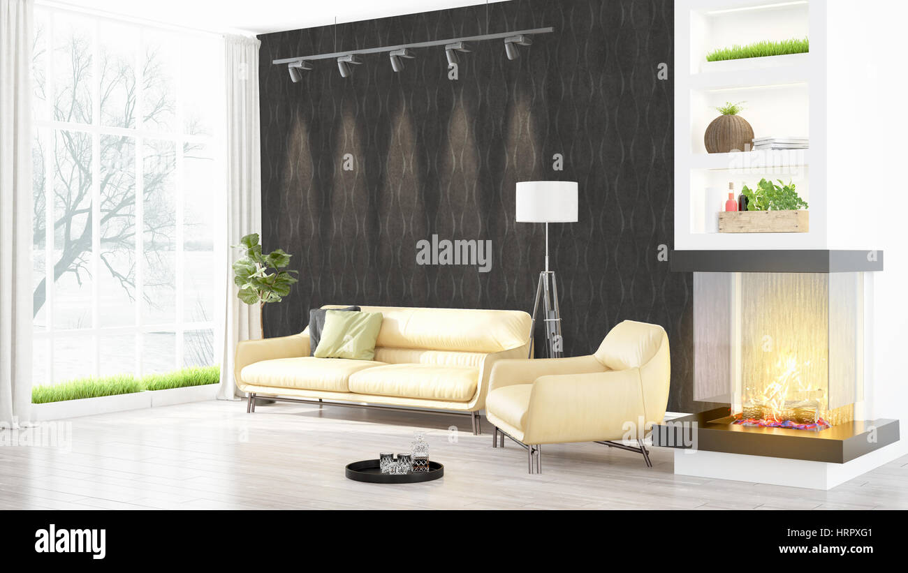 Beautiful modern living room interior with fireplace. 3D rendering ...