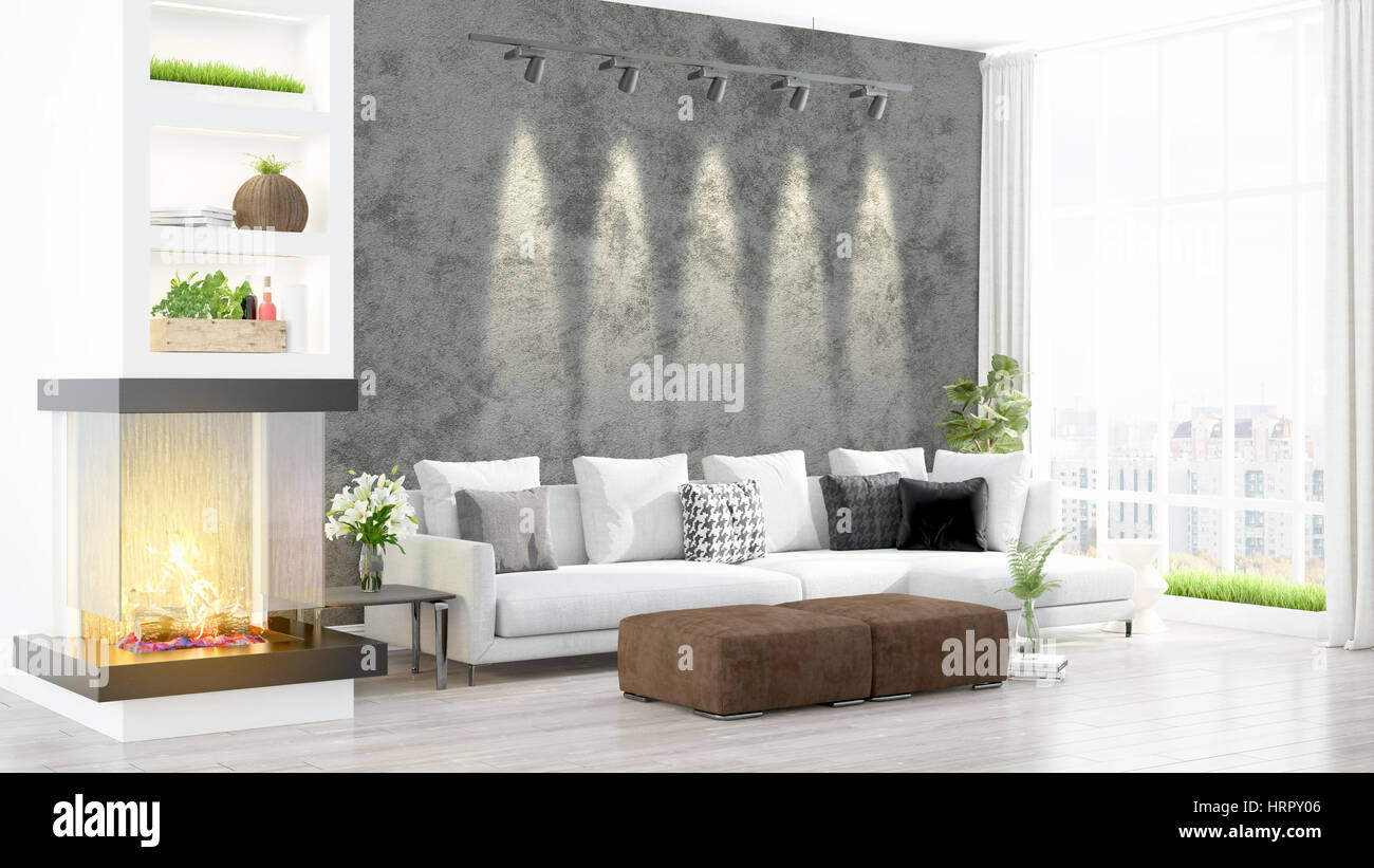 Beautiful modern living room interior with fireplace. 3D rendering ...