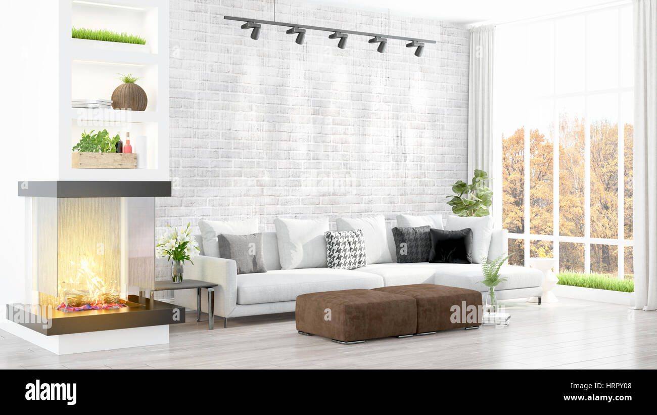 Beautiful modern living room interior with fireplace. 3D rendering ...