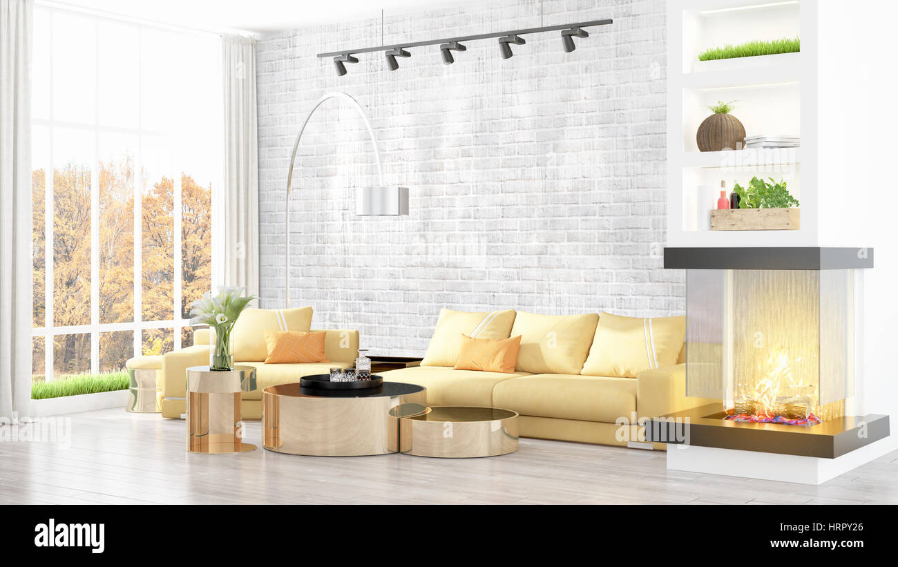 Beautiful modern living room interior with fireplace. 3D rendering ...
