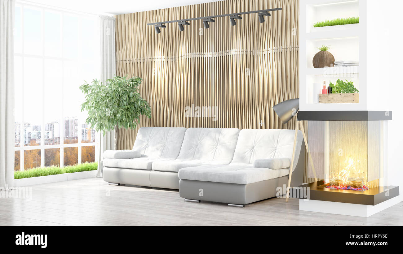 Beautiful modern living room interior with fireplace. 3D rendering ...