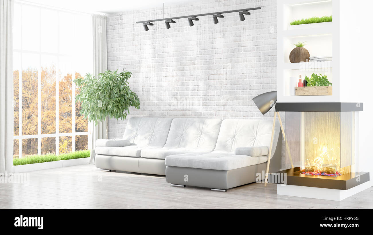 Beautiful modern living room interior with fireplace. 3D rendering ...
