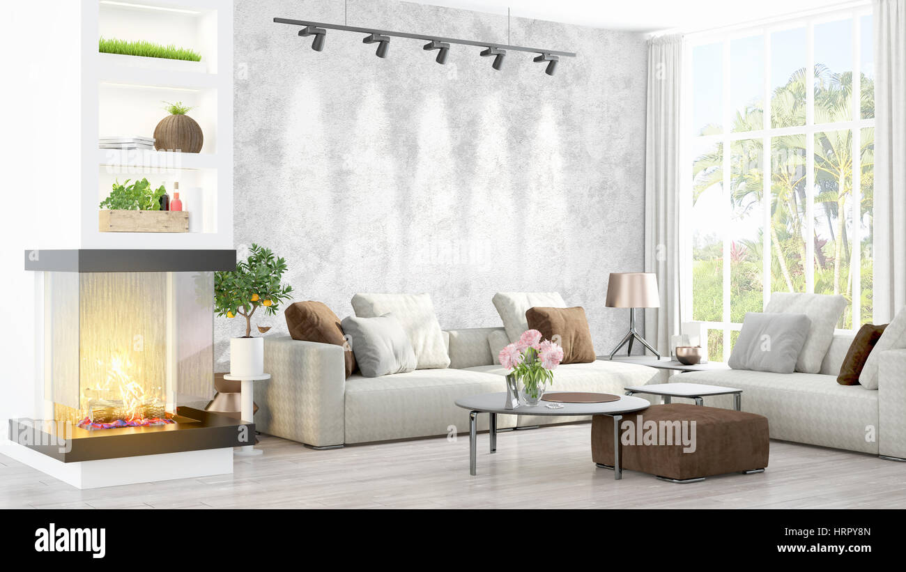 Beautiful modern living room interior with fireplace. 3D rendering ...