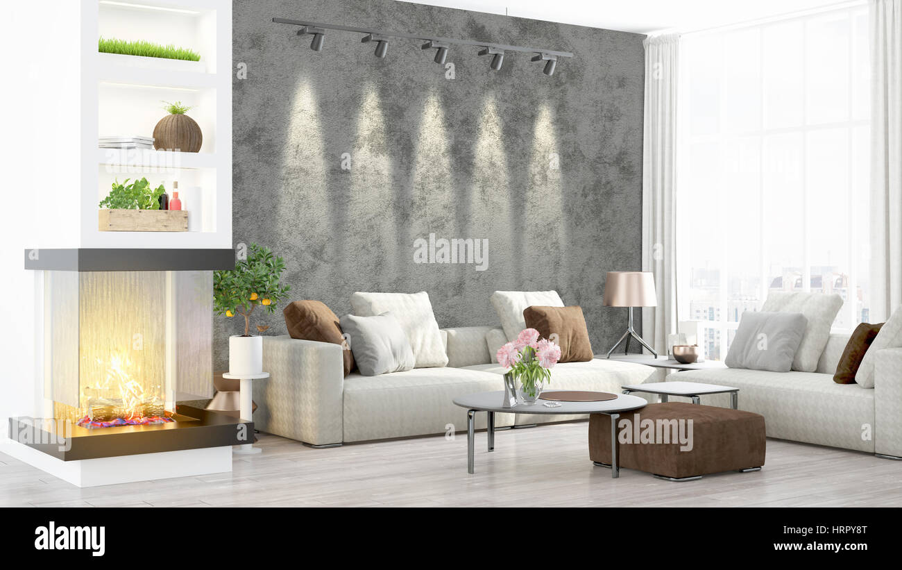 Beautiful modern living room interior with fireplace. 3D rendering ...