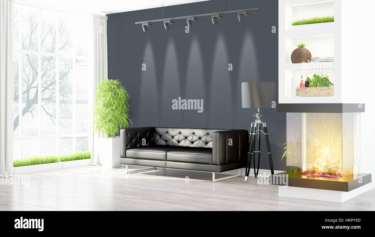 Beautiful modern living room interior with fireplace. 3D rendering ...