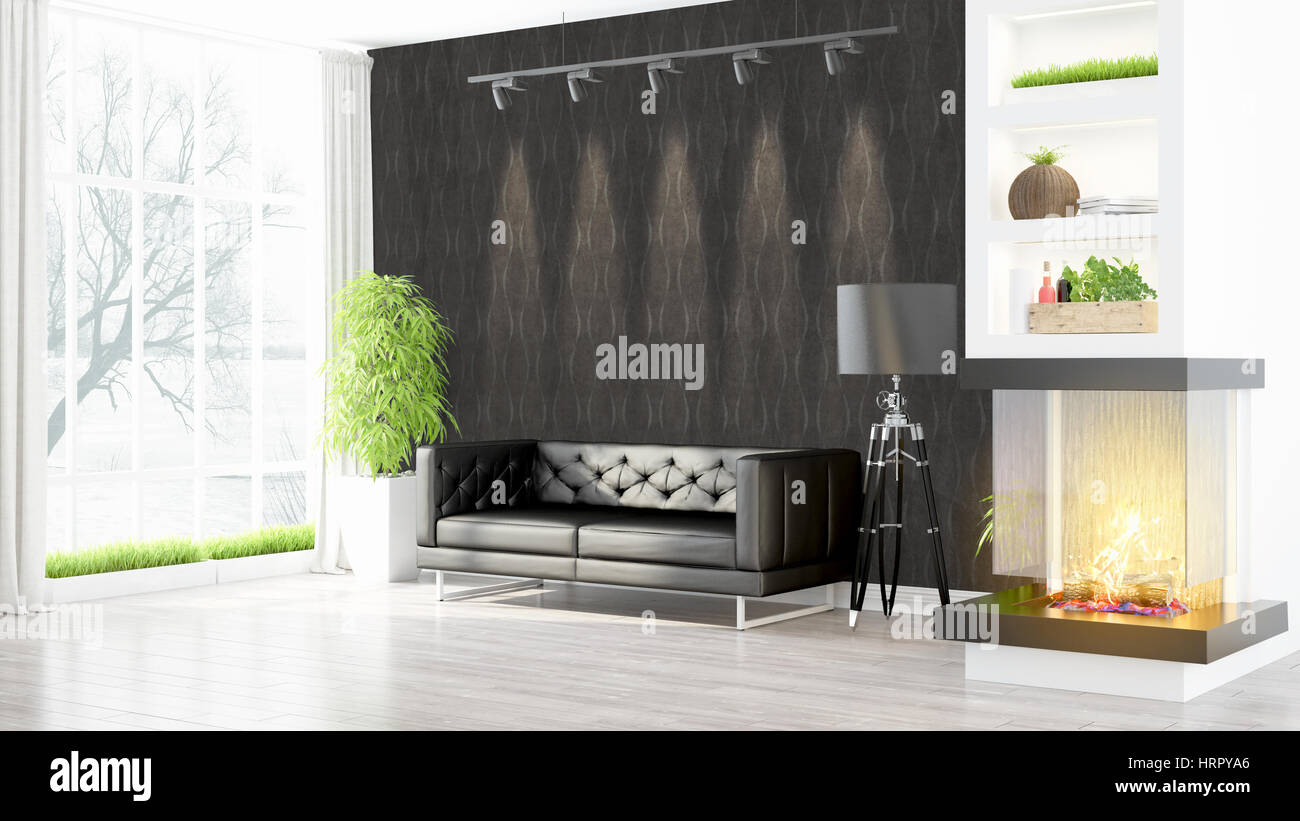 Beautiful modern living room interior with fireplace. 3D rendering ...