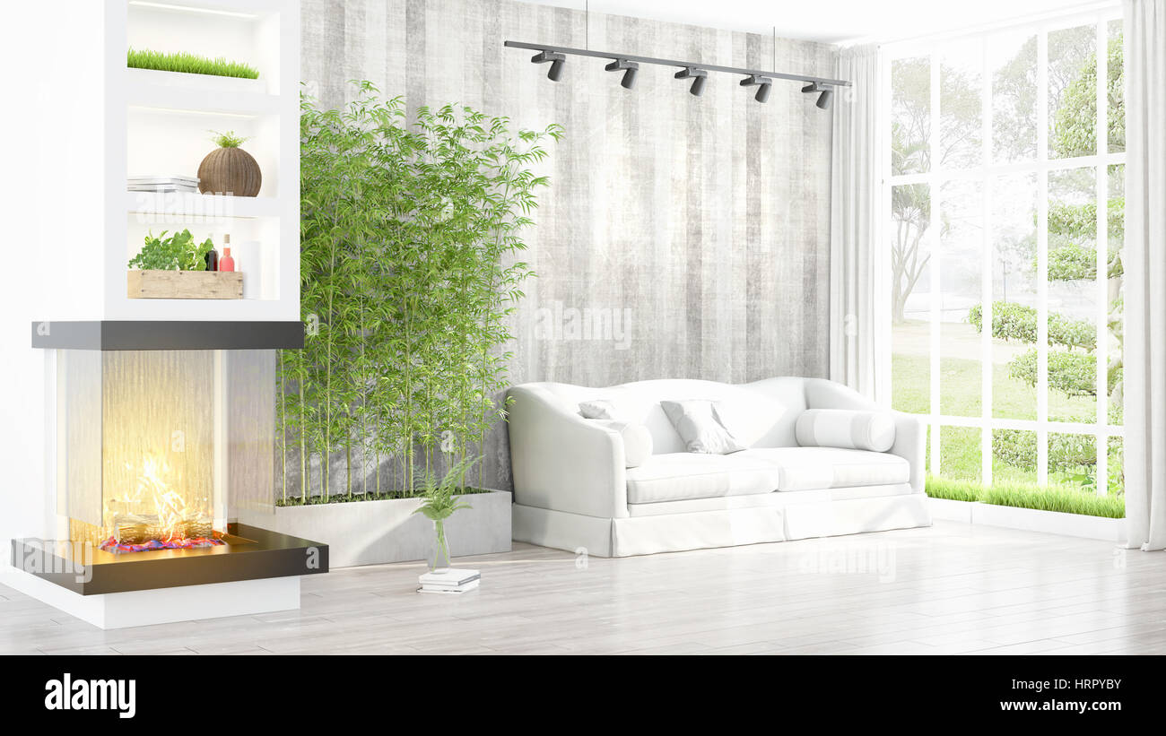 Beautiful modern living room interior with fireplace. 3D rendering ...