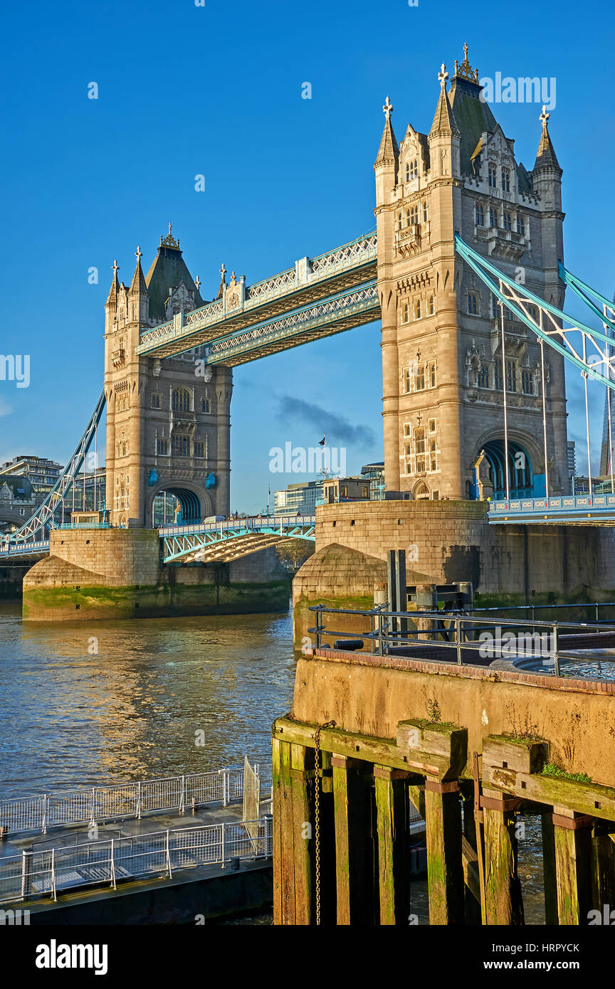 Tower Bridge is an ornate bascule bridge across the River Thames in London.. It is the most easterly bridge in the city and marks the Pool of London Stock Photo