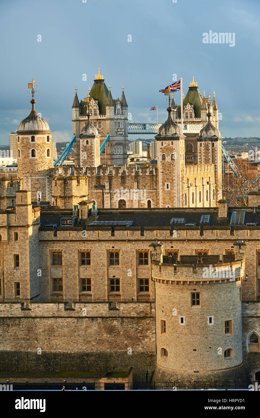 The Tower of London in the city of London has stood since William the Conqueror first built the White Tower, today it is a popular tourist attraction Stock Photo