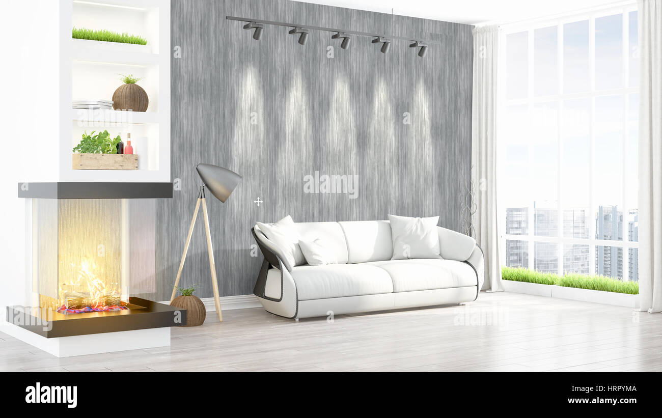 Beautiful modern living room interior with fireplace. 3D rendering ...