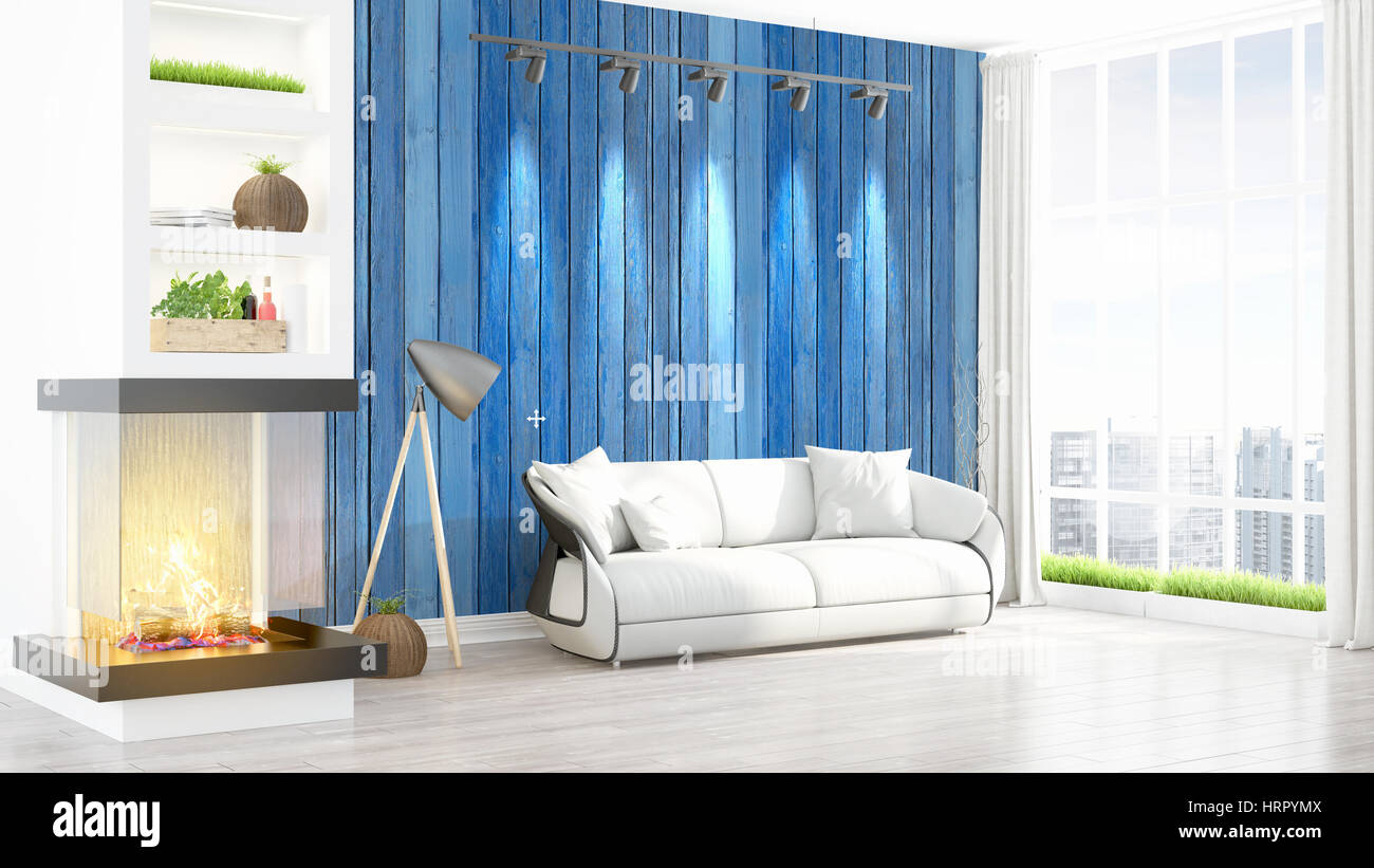 Beautiful modern living room interior with fireplace. 3D rendering ...