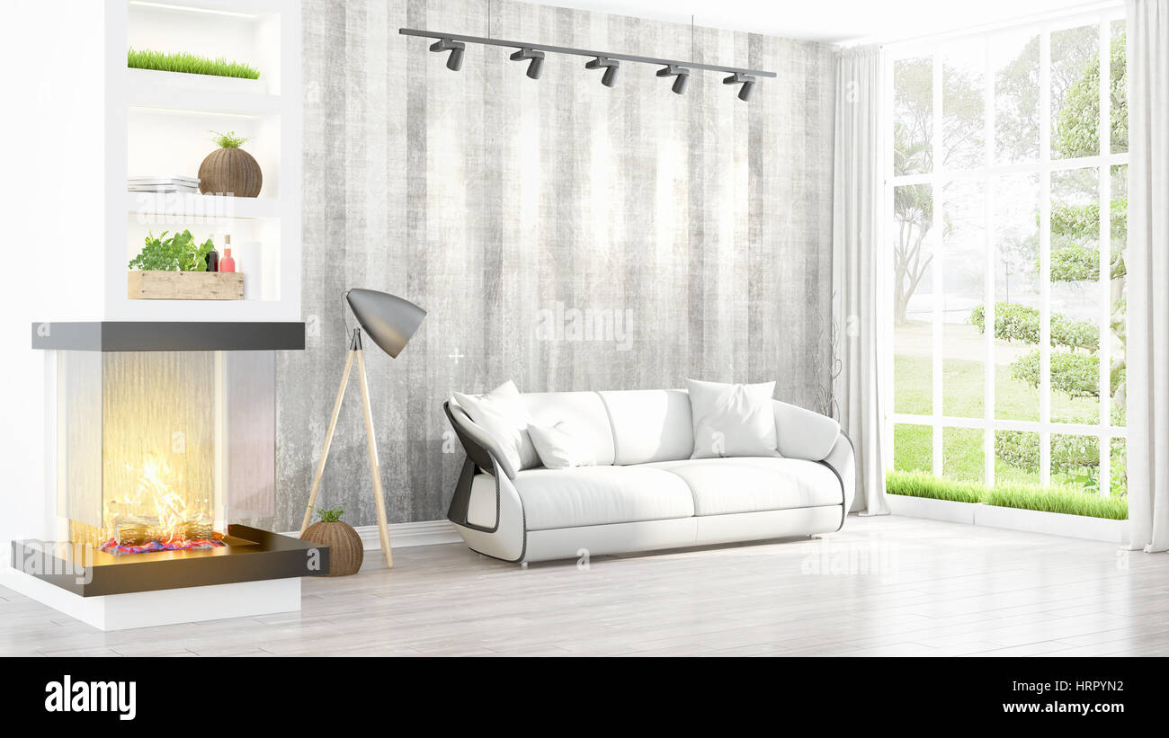 Beautiful modern living room interior with fireplace. 3D rendering ...