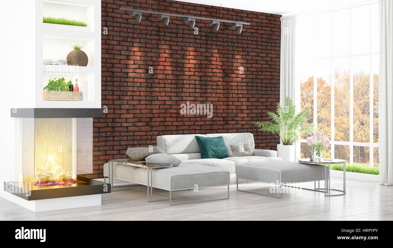Beautiful modern living room interior with fireplace. 3D rendering ...