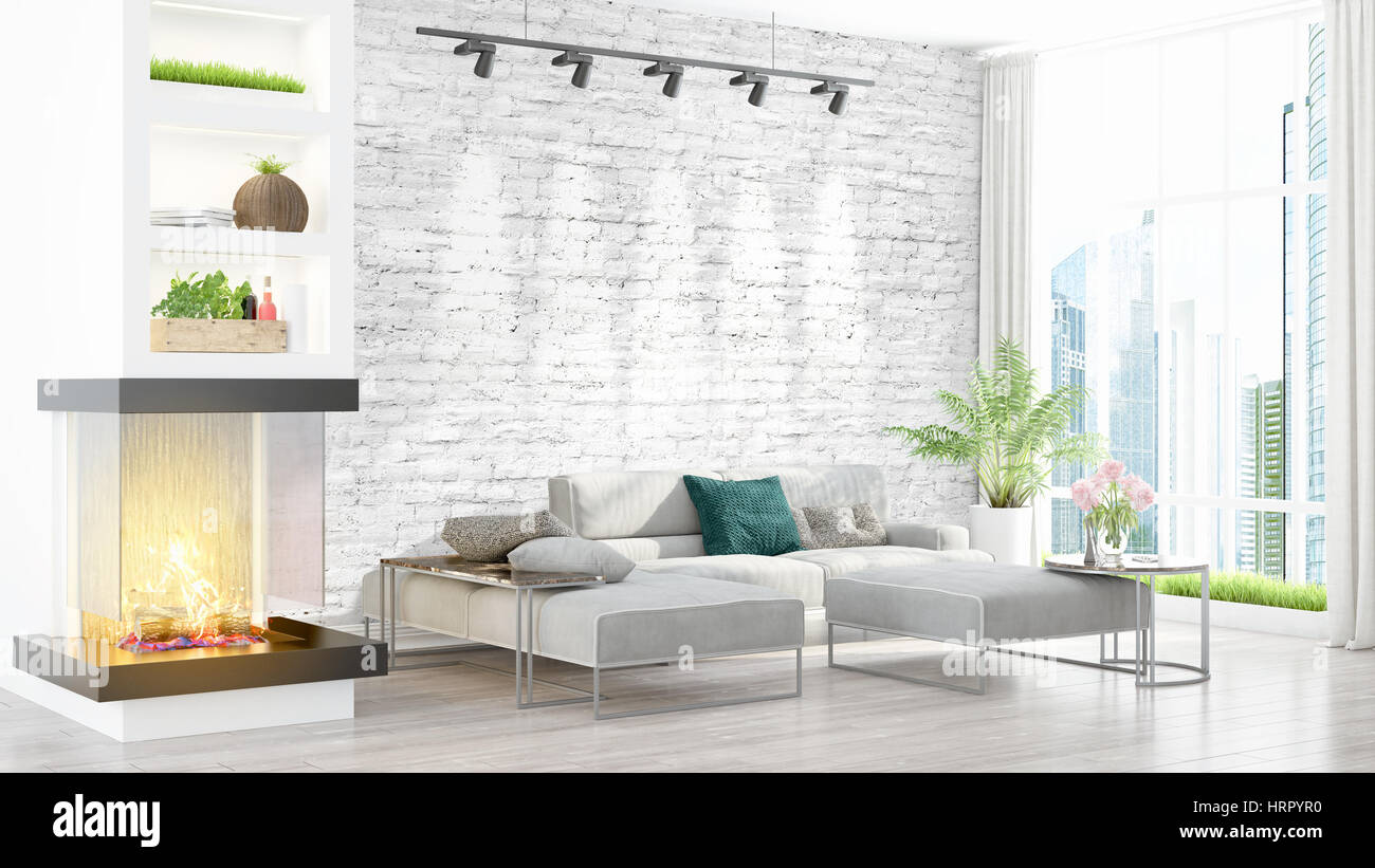 Beautiful modern living room interior with fireplace. 3D rendering ...