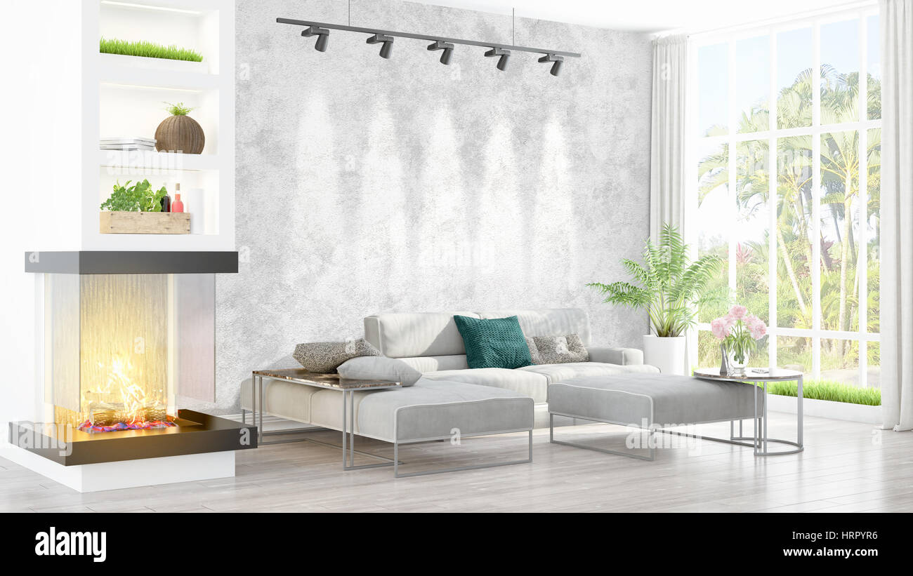 Beautiful modern living room interior with fireplace. 3D rendering ...