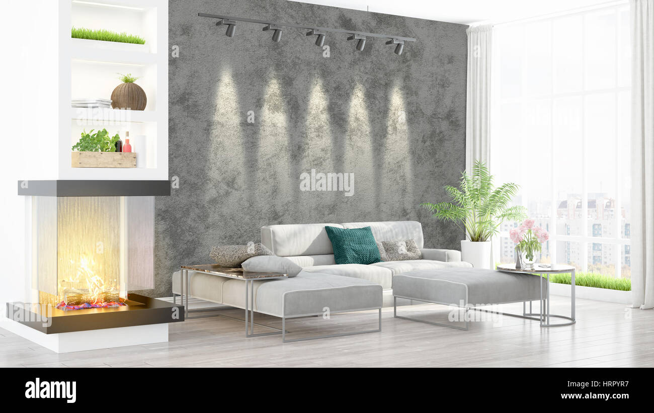 Beautiful modern living room interior with fireplace. 3D rendering ...