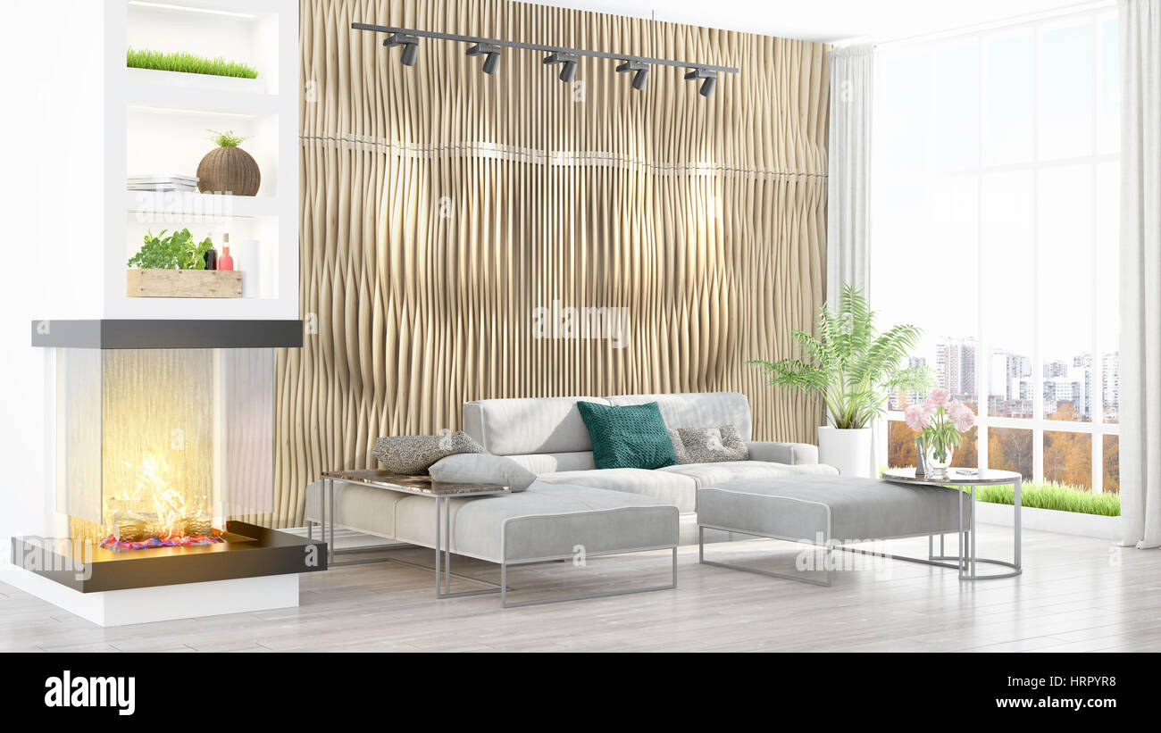 Beautiful modern living room interior with fireplace. 3D rendering ...