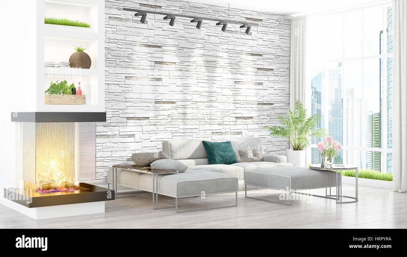 Beautiful modern living room interior with fireplace. 3D rendering ...