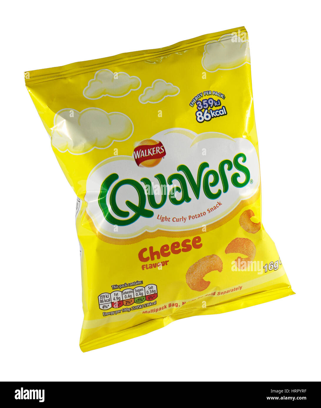 A 16g packet of Walkers cheese flavour Quavers crisps Light Curly Potato Snack Isolated on a white background Stock Photo