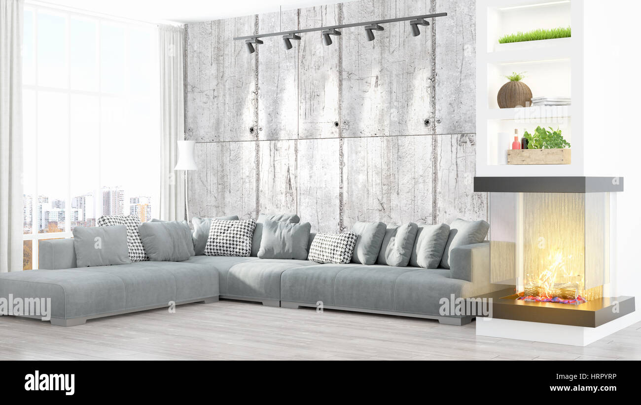 Beautiful modern living room interior with fireplace. 3D rendering ...
