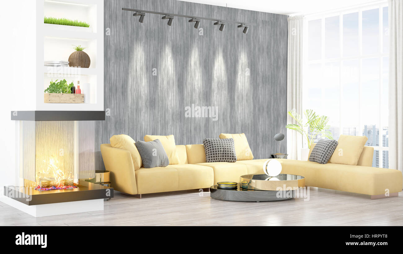 Beautiful modern living room interior with fireplace. 3D rendering ...