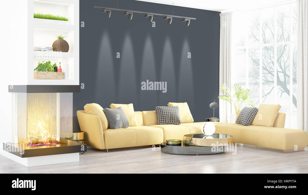 Beautiful modern living room interior with fireplace. 3D rendering ...