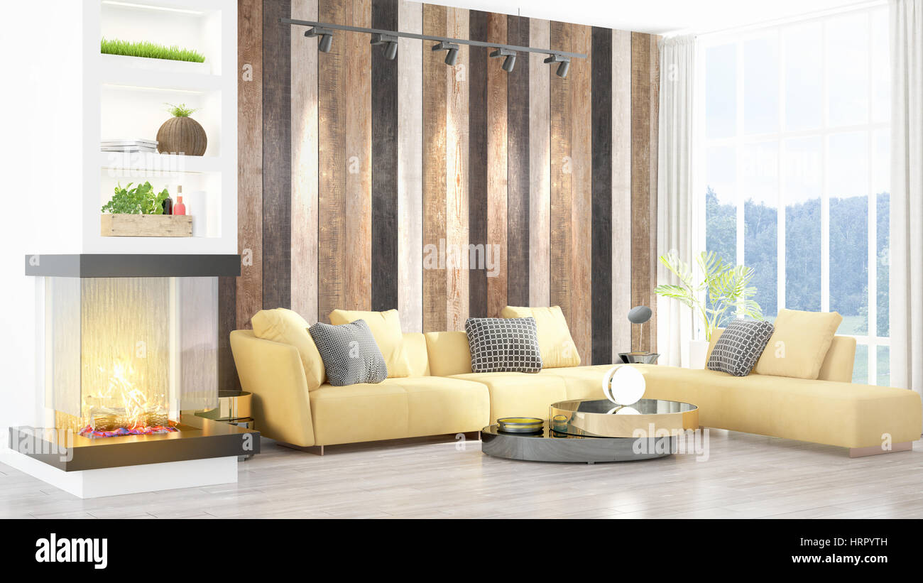 Beautiful modern living room interior with fireplace. 3D rendering ...