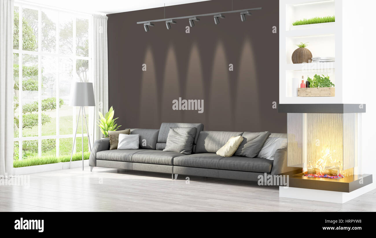 Beautiful modern living room interior with fireplace. 3D rendering ...