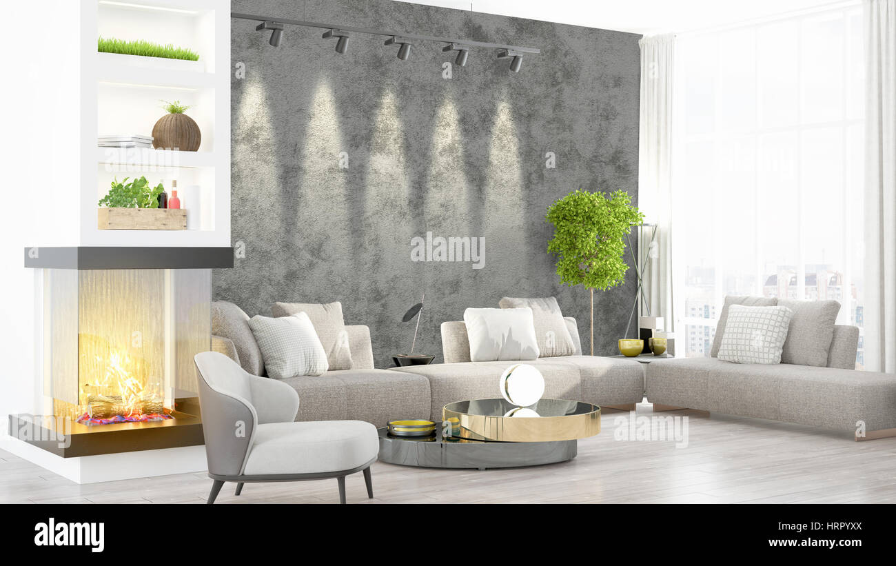 Beautiful modern living room interior with fireplace. 3D rendering ...