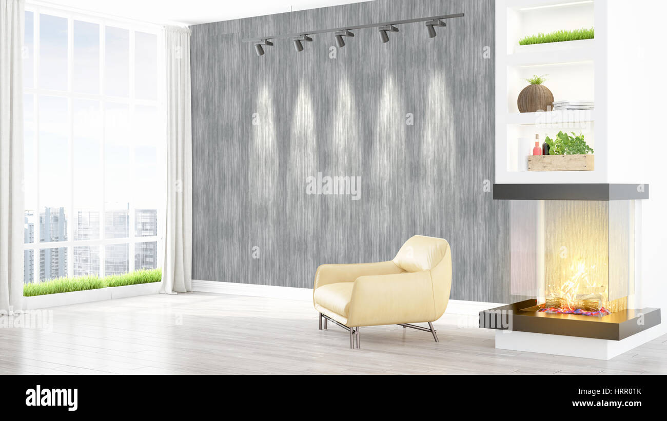Beautiful modern living room interior with fireplace. 3D rendering ...