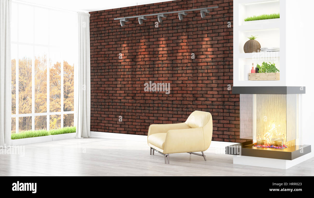 Beautiful modern living room interior with fireplace. 3D rendering ...