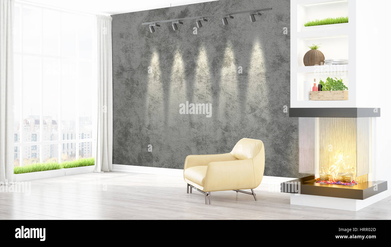 Beautiful modern living room interior with fireplace. 3D rendering ...