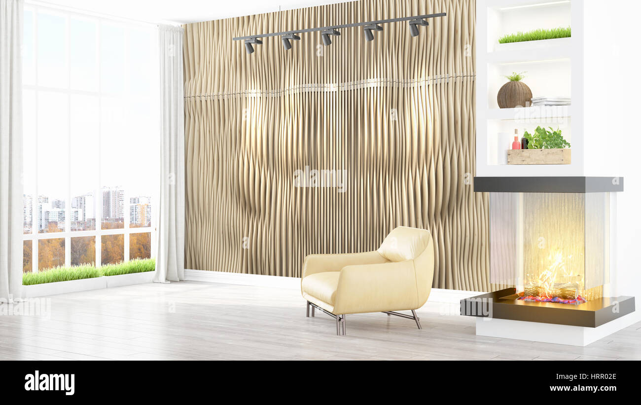 Beautiful modern living room interior with fireplace. 3D rendering ...