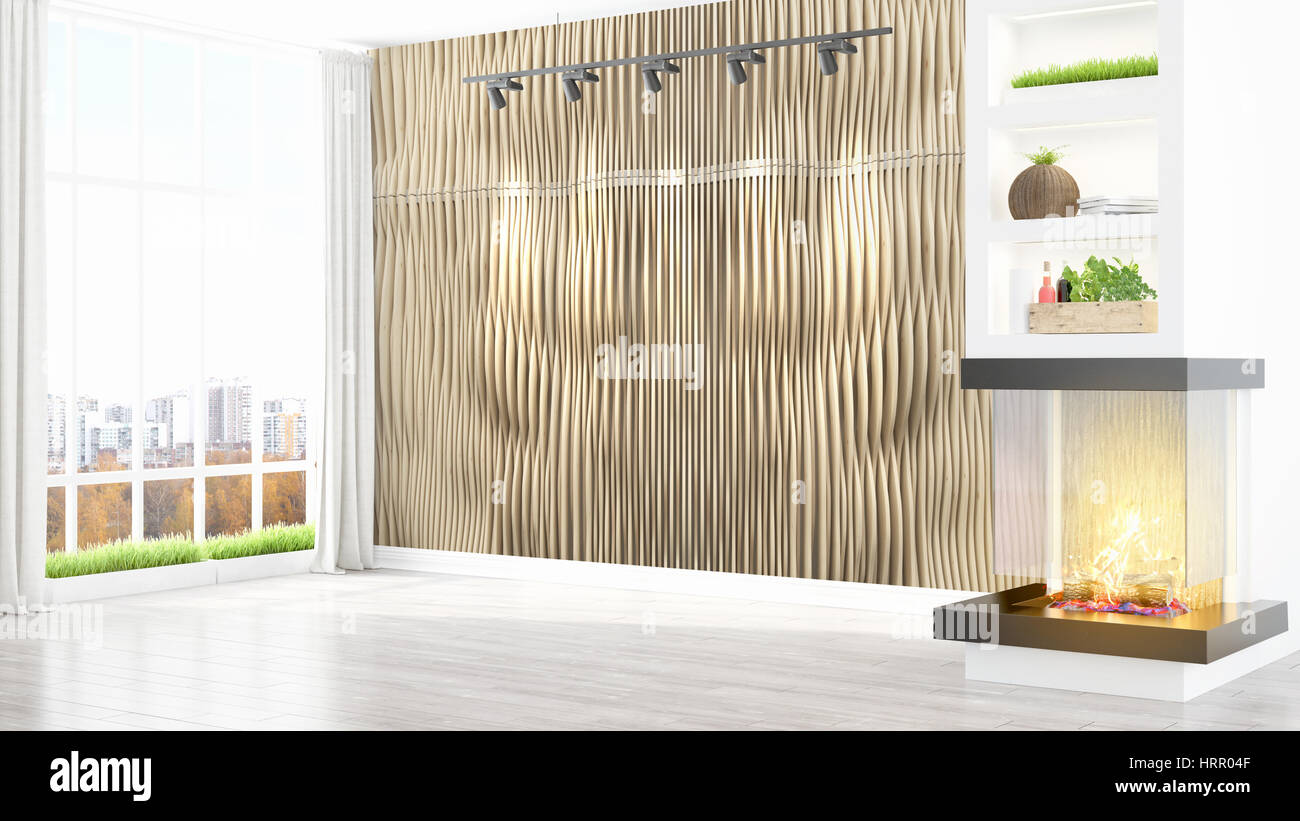 Beautiful modern living room interior with fireplace. 3D rendering ...