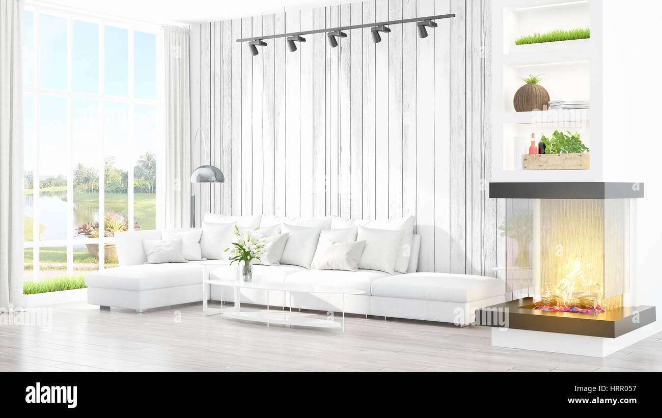 Beautiful modern living room interior with fireplace. 3D rendering ...