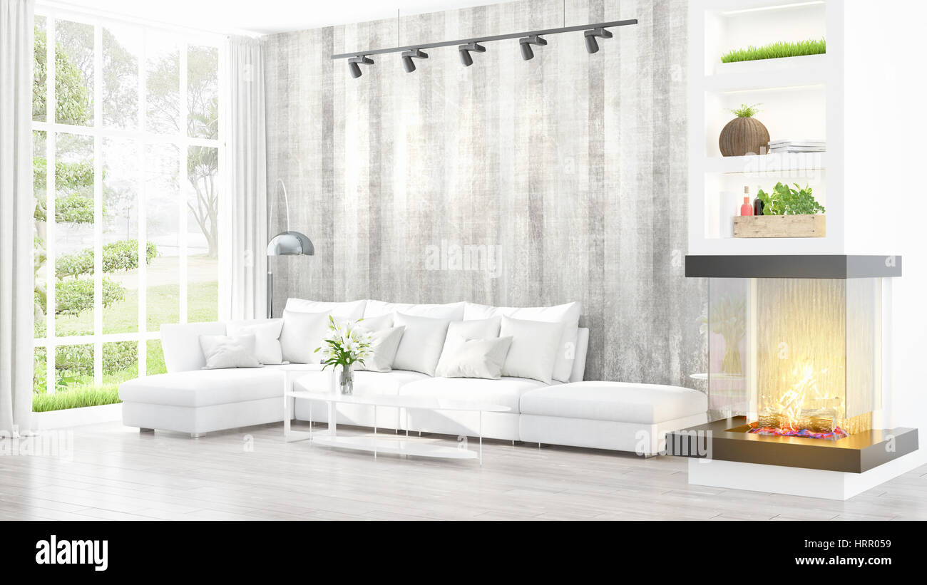 Beautiful modern living room interior with fireplace. 3D rendering ...