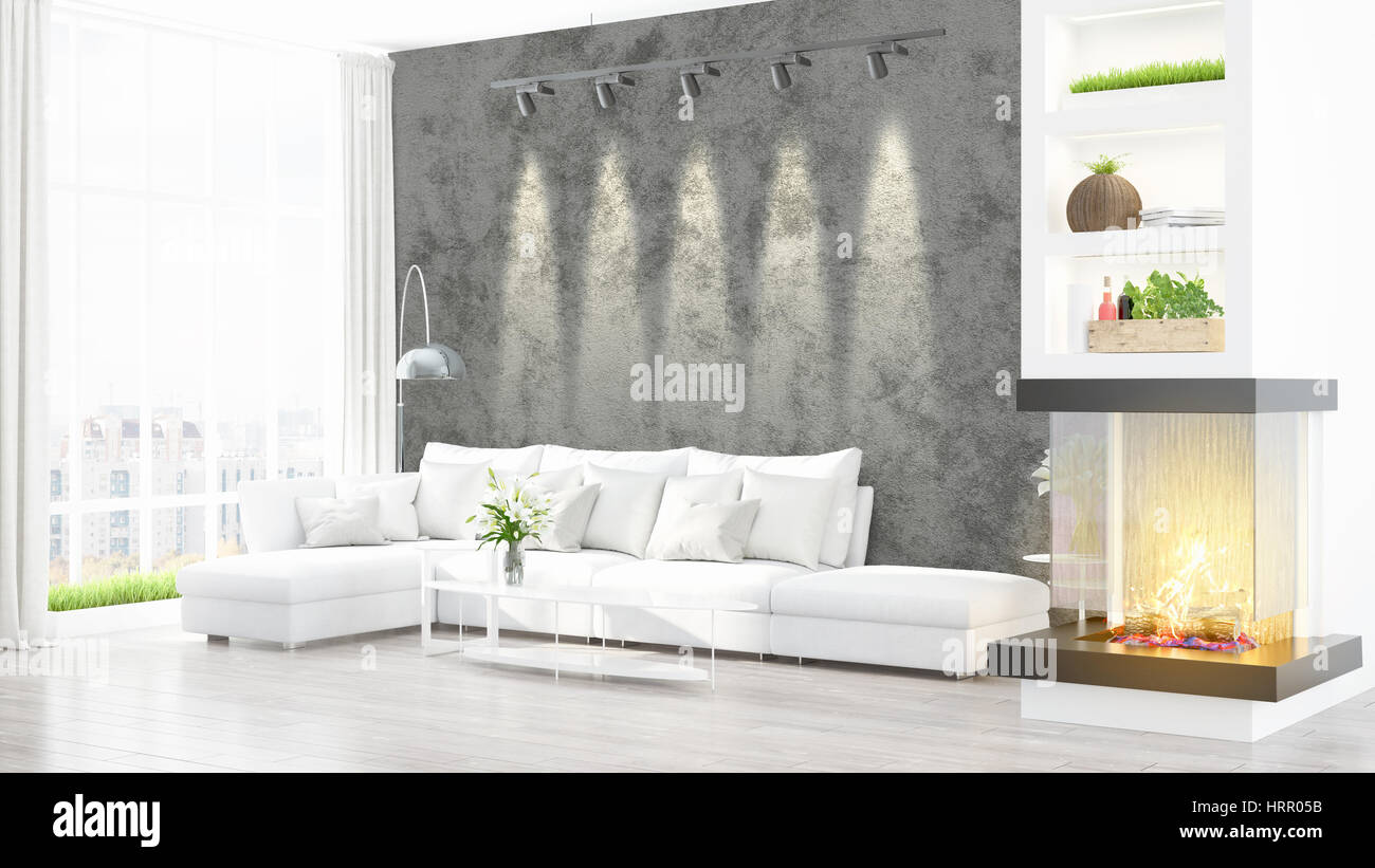 Beautiful modern living room interior with fireplace. 3D rendering ...